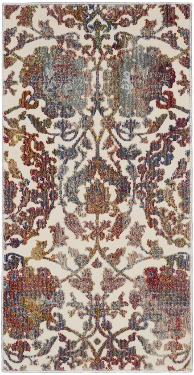 2' X 4' White and Golden Brown Floral Distressed Non Skid Area Rug