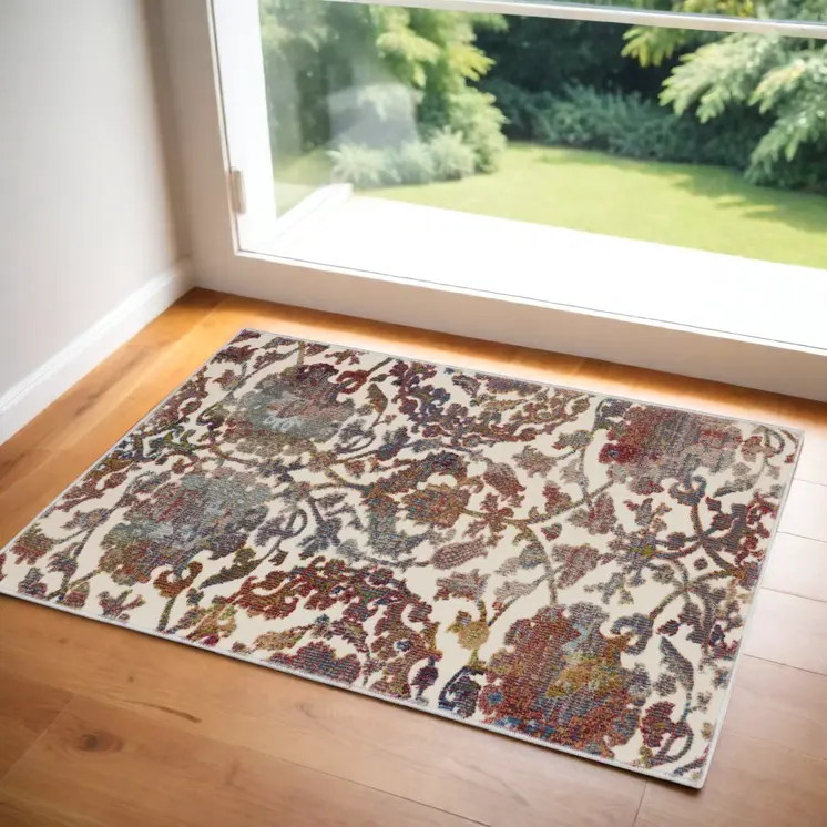 2' X 4' White and Golden Brown Floral Distressed Non Skid Area Rug