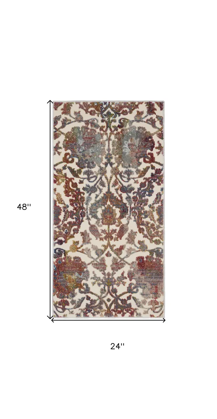 2' X 4' White and Golden Brown Floral Distressed Non Skid Area Rug