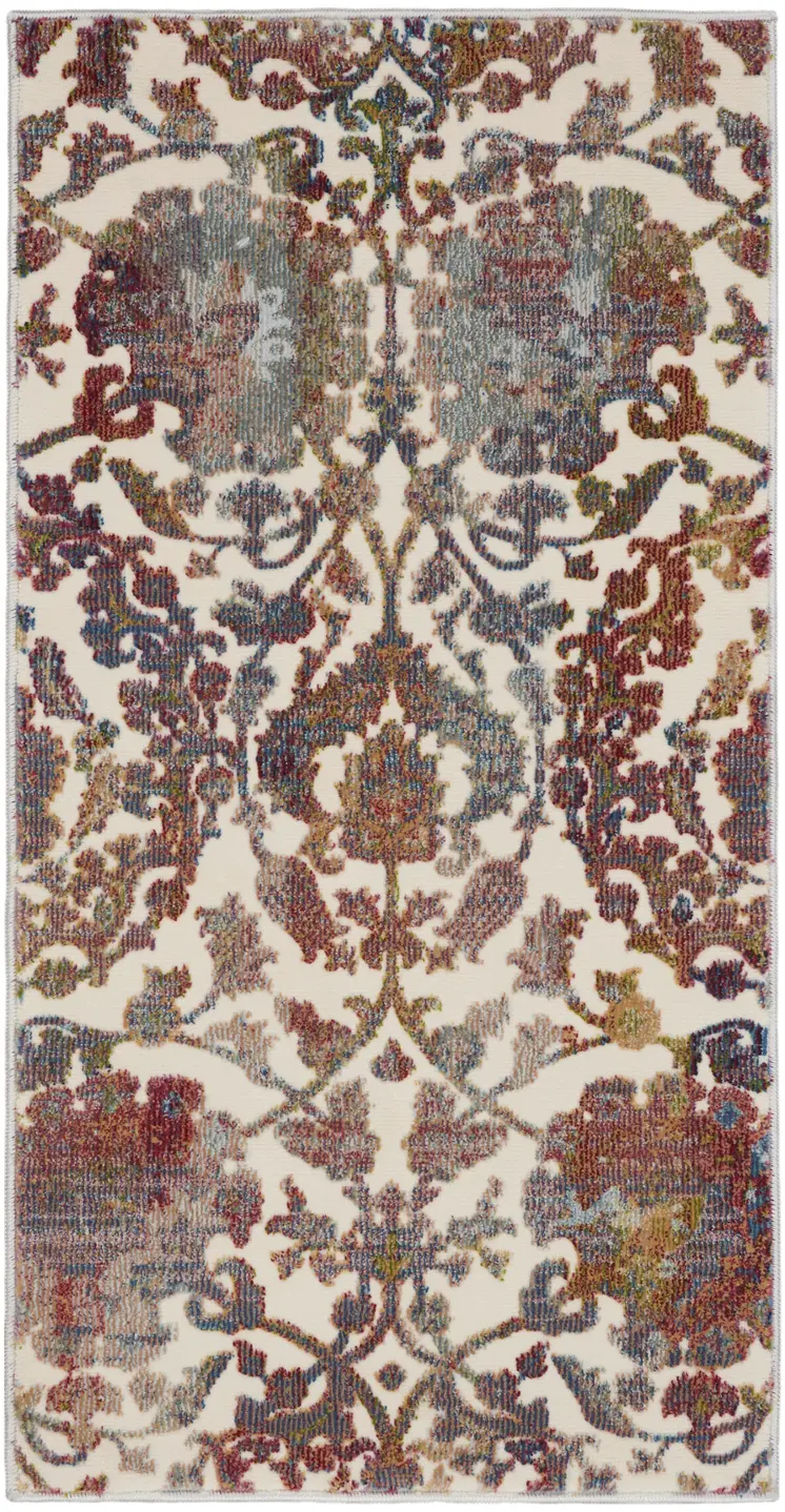 2' X 4' White and Golden Brown Floral Distressed Non Skid Area Rug