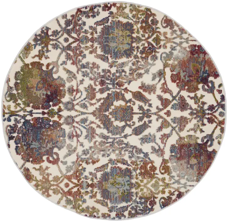 4' White and Golden Brown Floral Distressed Non Skid Round Rug