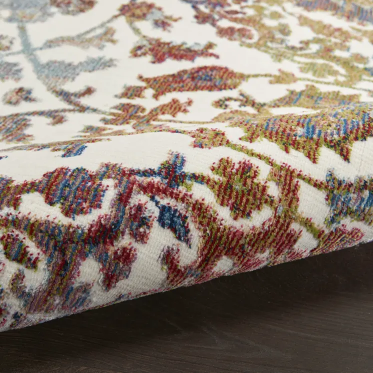 4' White and Golden Brown Floral Distressed Non Skid Round Rug