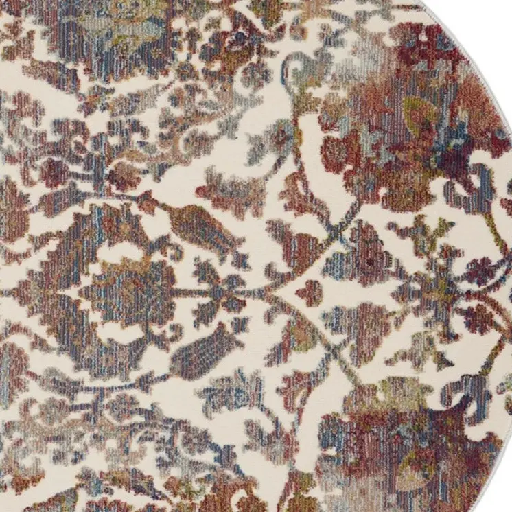 4' White and Golden Brown Floral Distressed Non Skid Round Rug