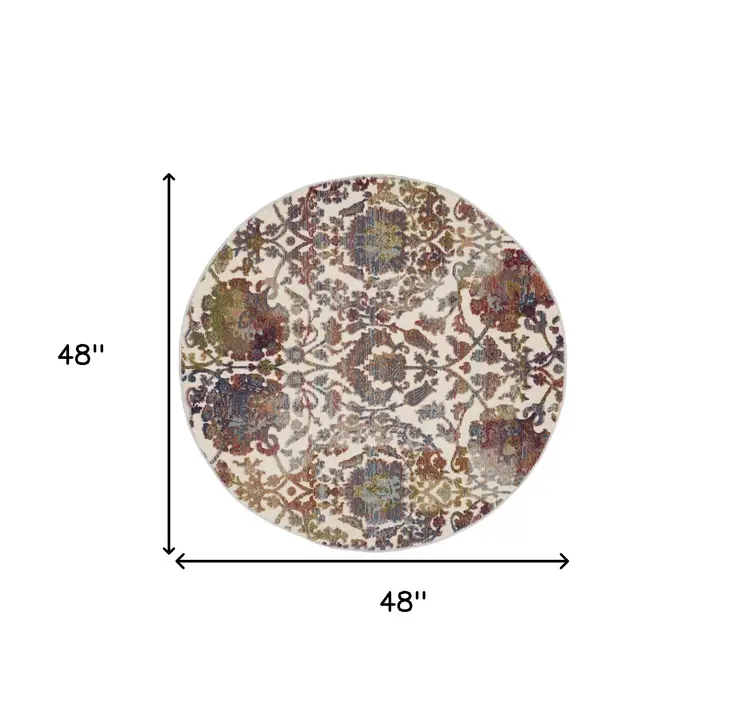4' White and Golden Brown Floral Distressed Non Skid Round Rug