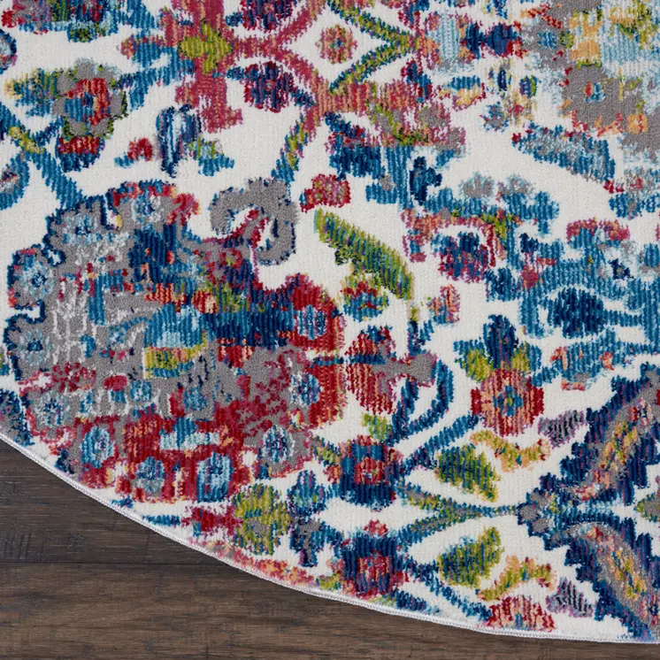 4' Ivory Blue and Yellow Floral Distressed Non Skid Round Rug