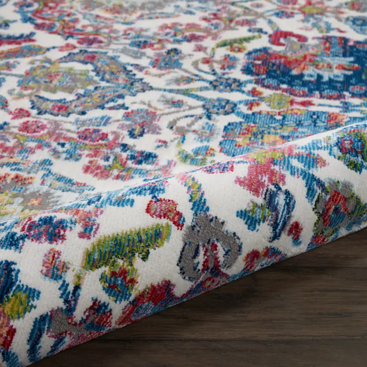 4' Ivory Blue and Yellow Floral Distressed Non Skid Round Rug