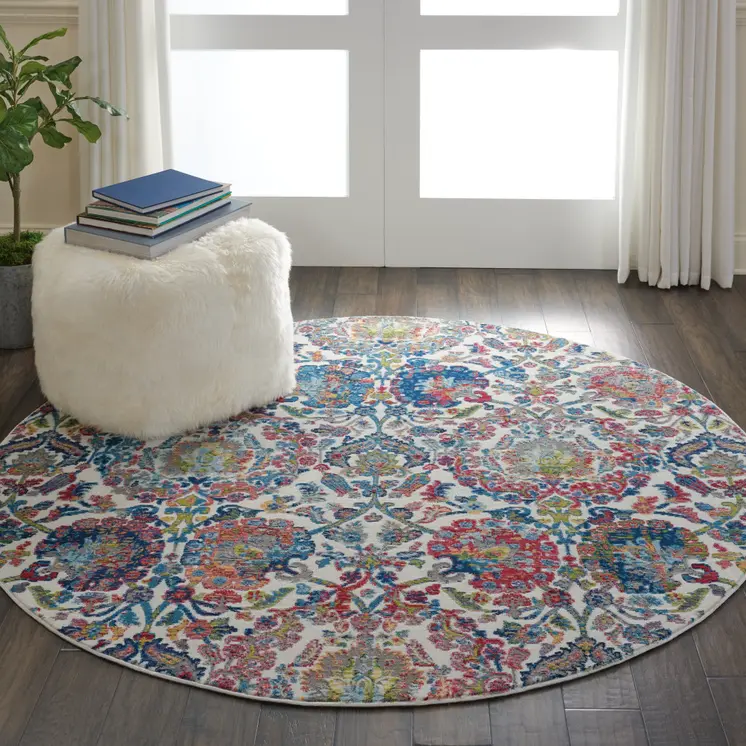 4' Ivory Blue and Yellow Floral Distressed Non Skid Round Rug