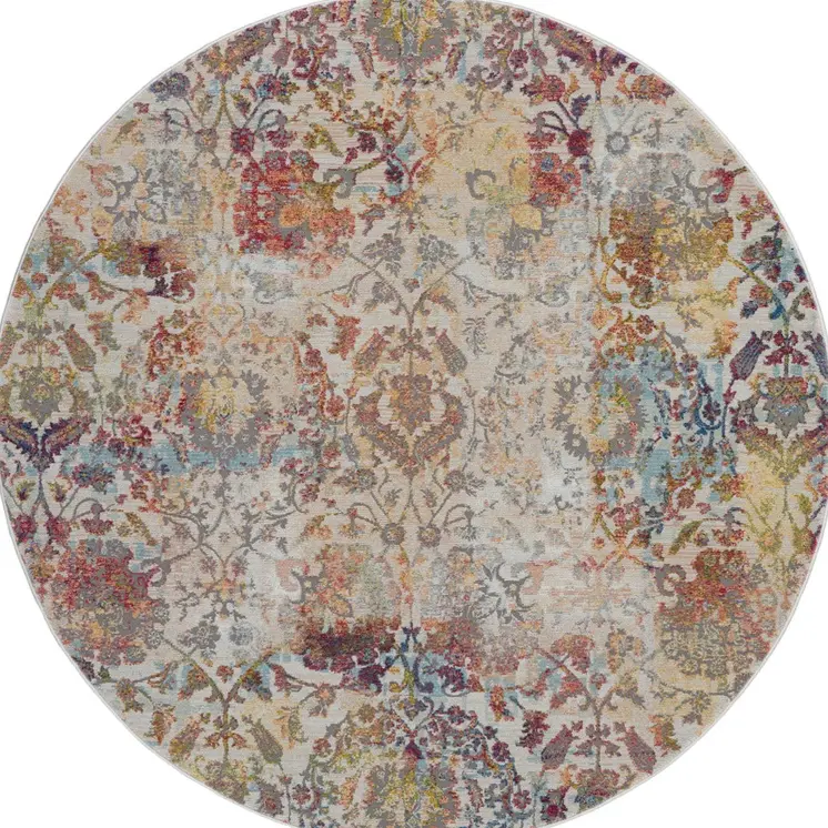 4' Orange and Ivory Floral Distressed Non Skid Round Rug