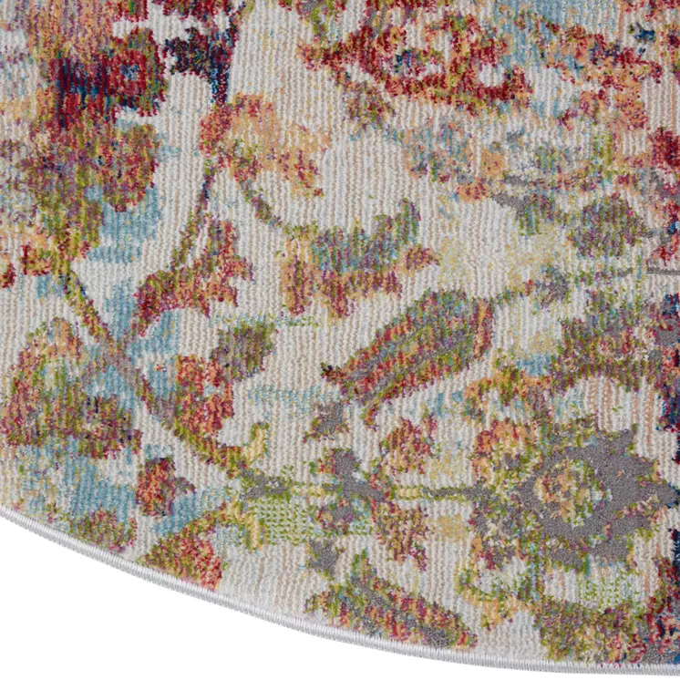 4' Orange and Ivory Floral Distressed Non Skid Round Rug
