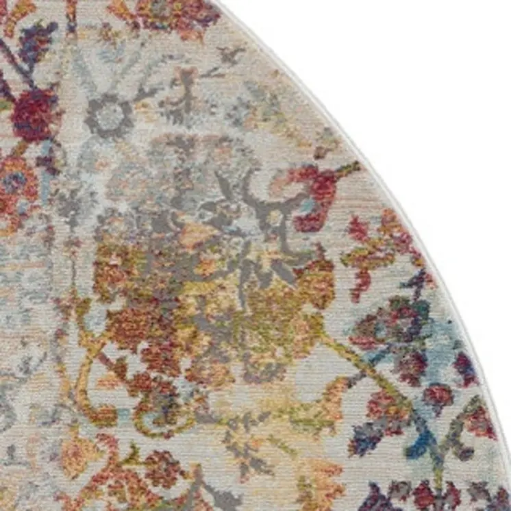 4' Orange and Ivory Floral Distressed Non Skid Round Rug