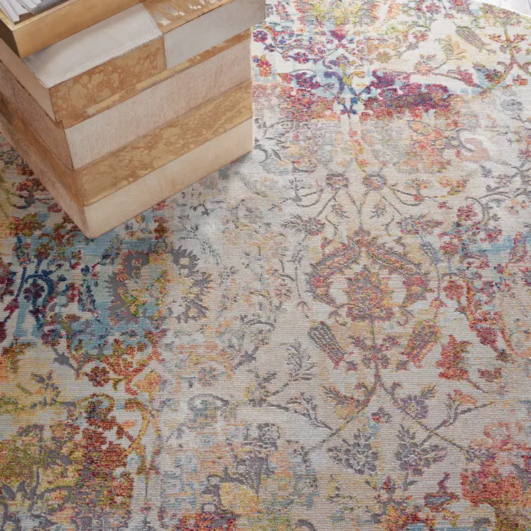 4' Orange and Ivory Floral Distressed Non Skid Round Rug