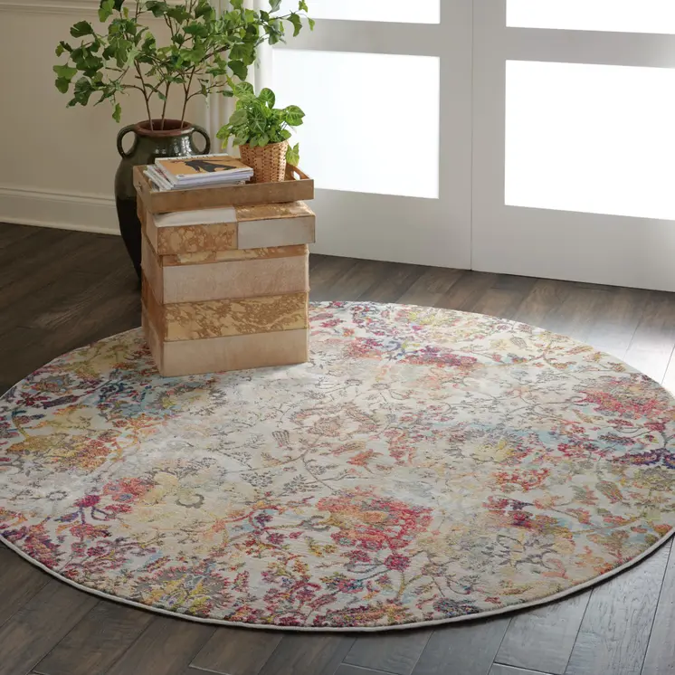 4' Orange and Ivory Floral Distressed Non Skid Round Rug