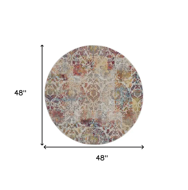 4' Orange and Ivory Floral Distressed Non Skid Round Rug