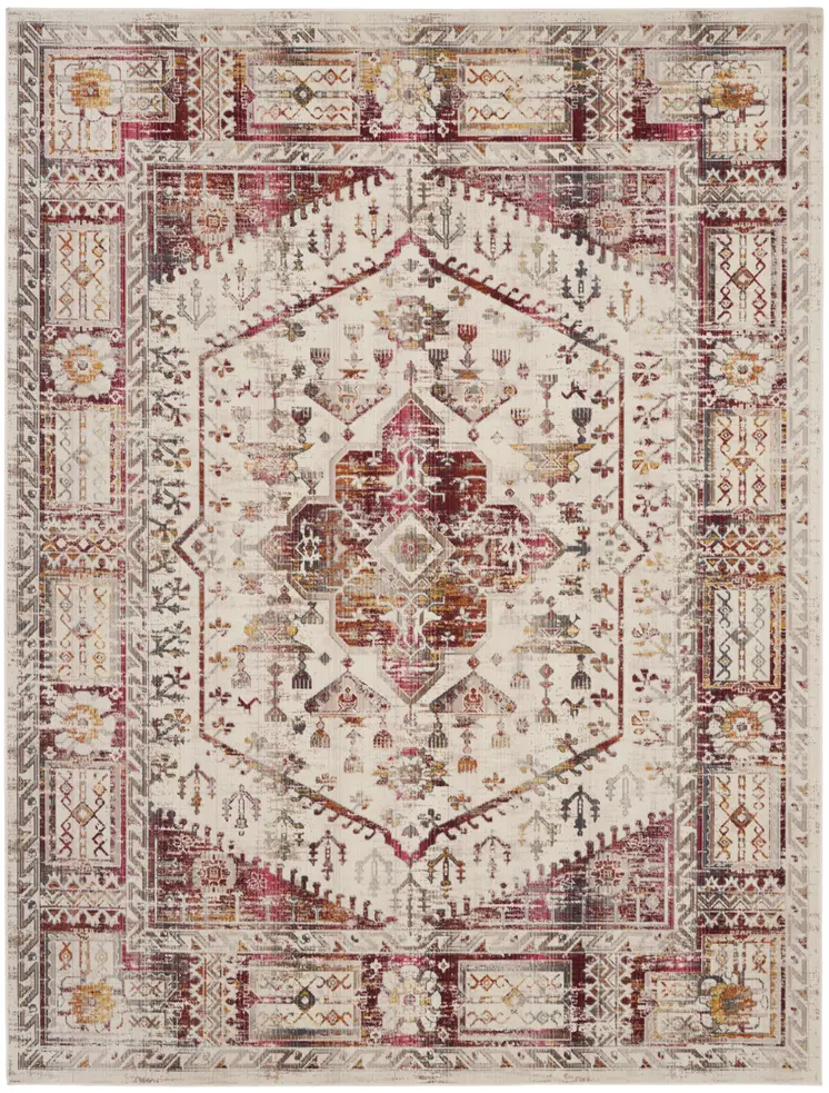 8' X 10' Ivory Red And Orange Floral Distressed Non Skid Area Rug