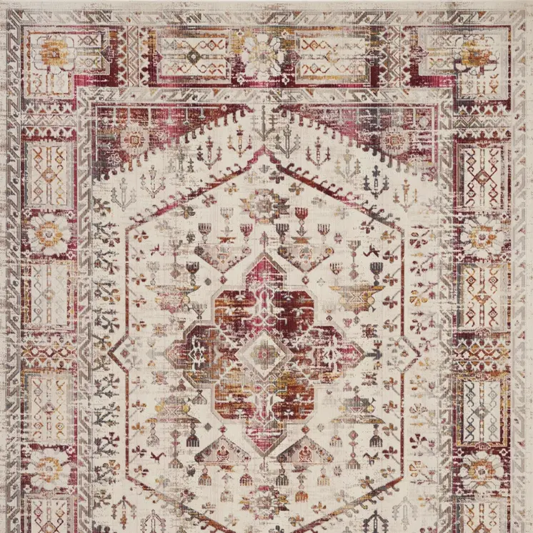 8' X 10' Ivory Red And Orange Floral Distressed Non Skid Area Rug