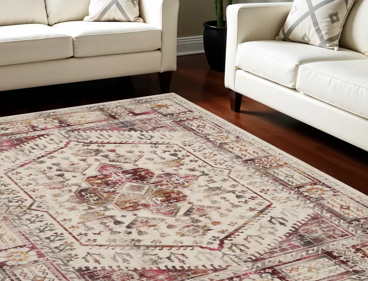 8' X 10' Ivory Red And Orange Floral Distressed Non Skid Area Rug