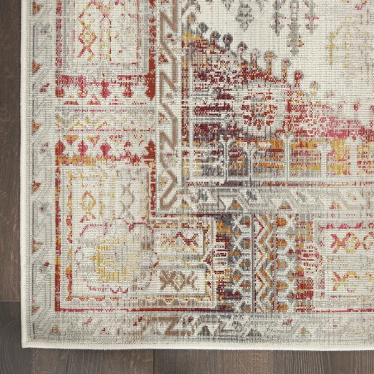8' X 10' Ivory Red And Orange Floral Distressed Non Skid Area Rug