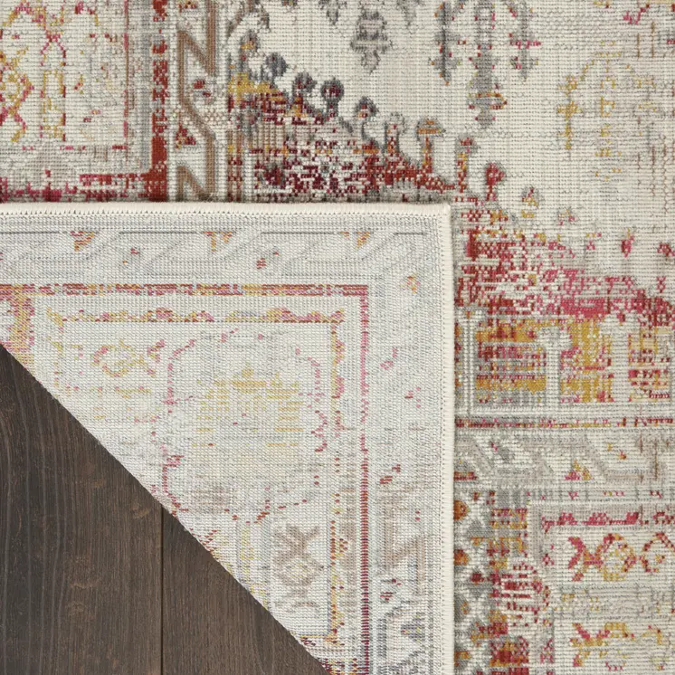 8' X 10' Ivory Red And Orange Floral Distressed Non Skid Area Rug