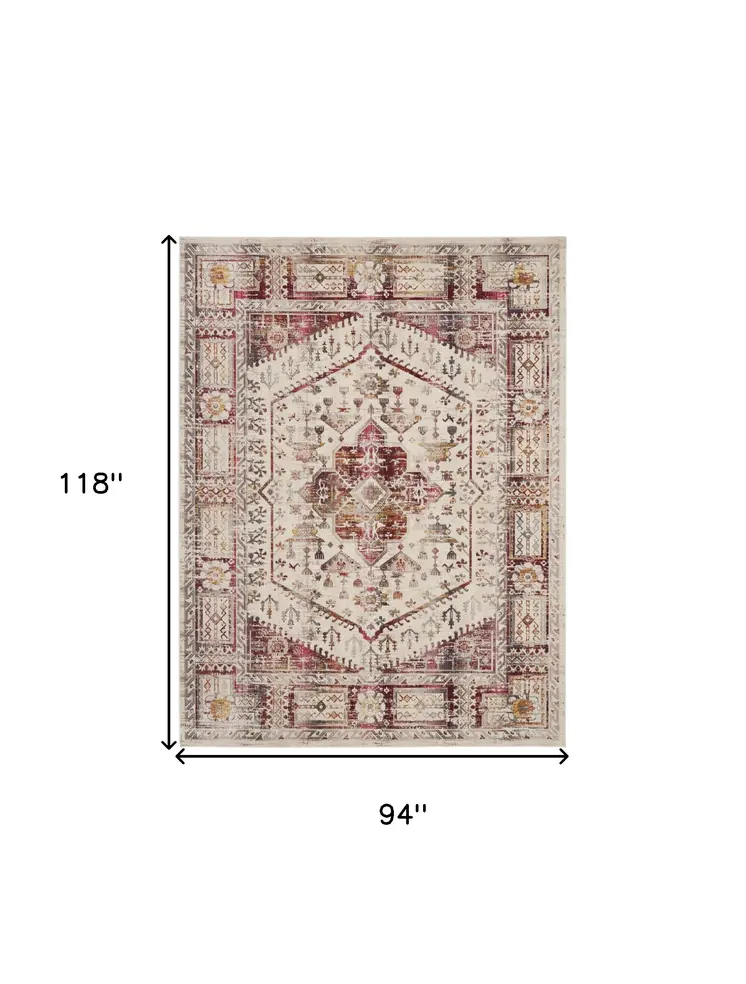 8' X 10' Ivory Red And Orange Floral Distressed Non Skid Area Rug