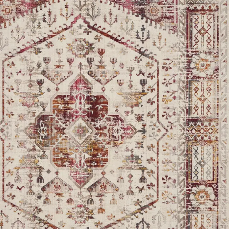 8' X 10' Ivory Red And Orange Floral Distressed Non Skid Area Rug
