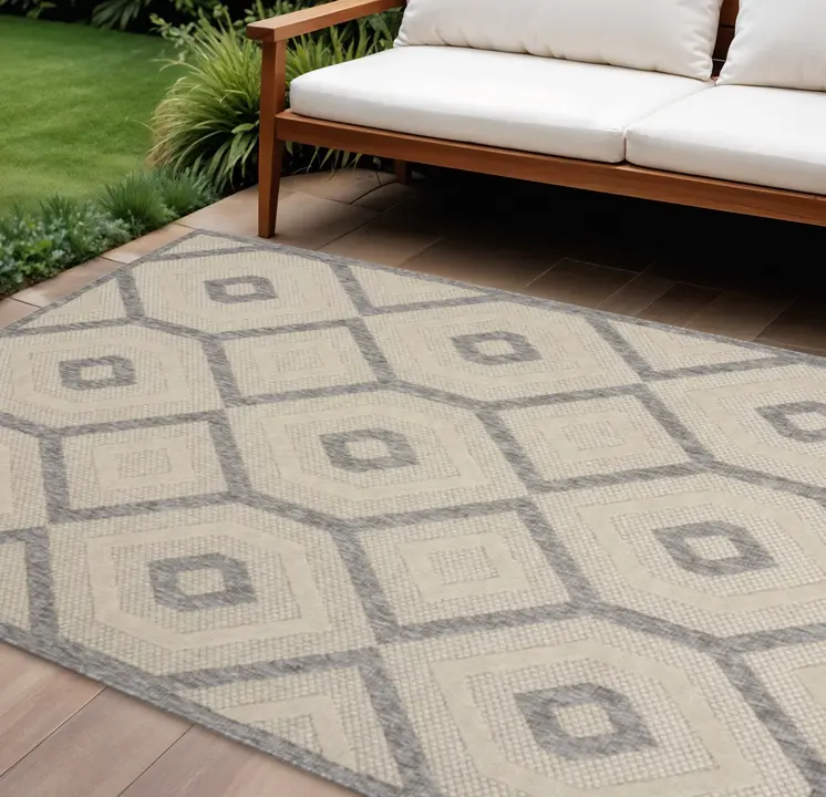 6' X 9' Cream And Gray Geometric Indoor Outdoor Area Rug
