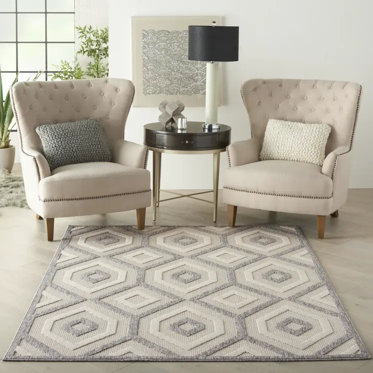 6' X 9' Cream And Gray Geometric Indoor Outdoor Area Rug