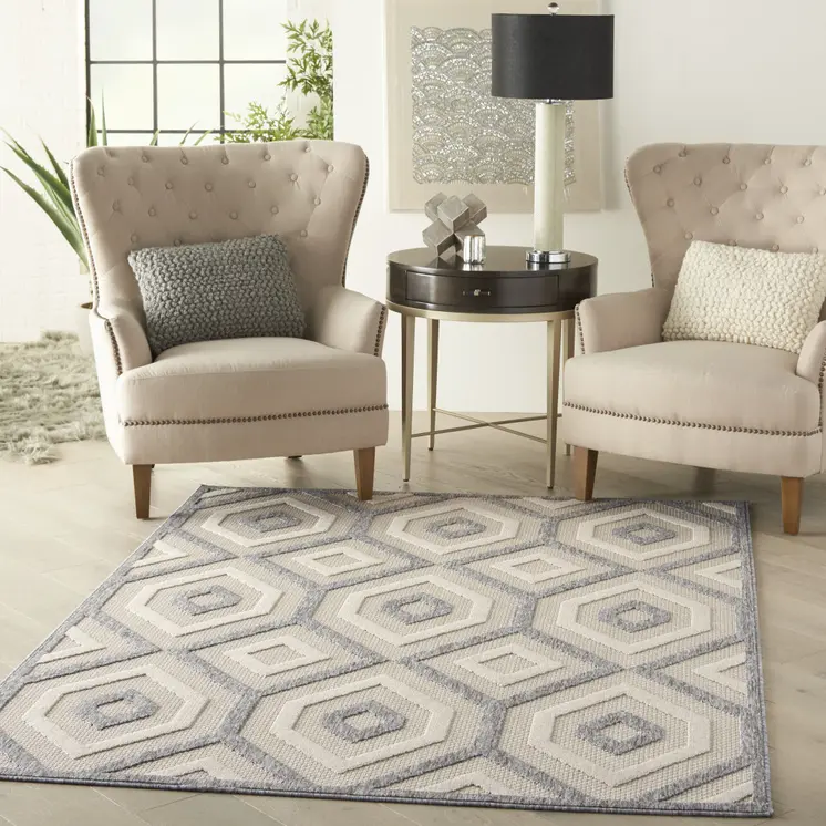 6' X 9' Cream And Gray Geometric Indoor Outdoor Area Rug