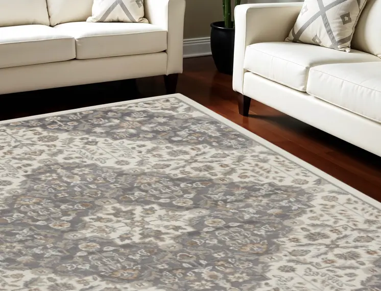8' X 10' Ivory and Gray Floral Non Skid Area Rug