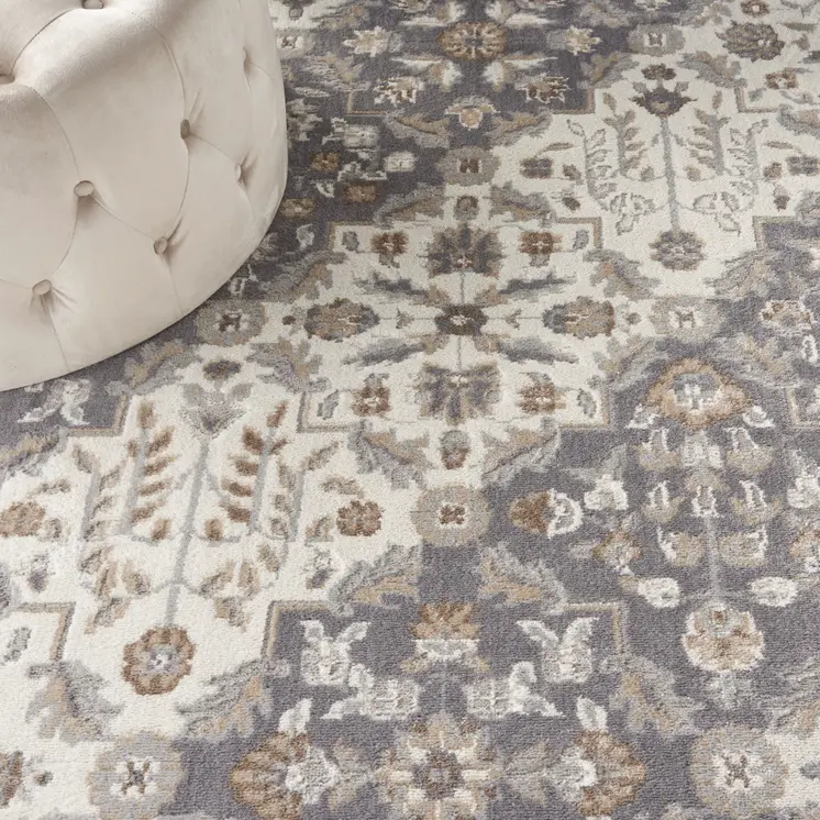 8' X 10' Ivory and Gray Floral Non Skid Area Rug