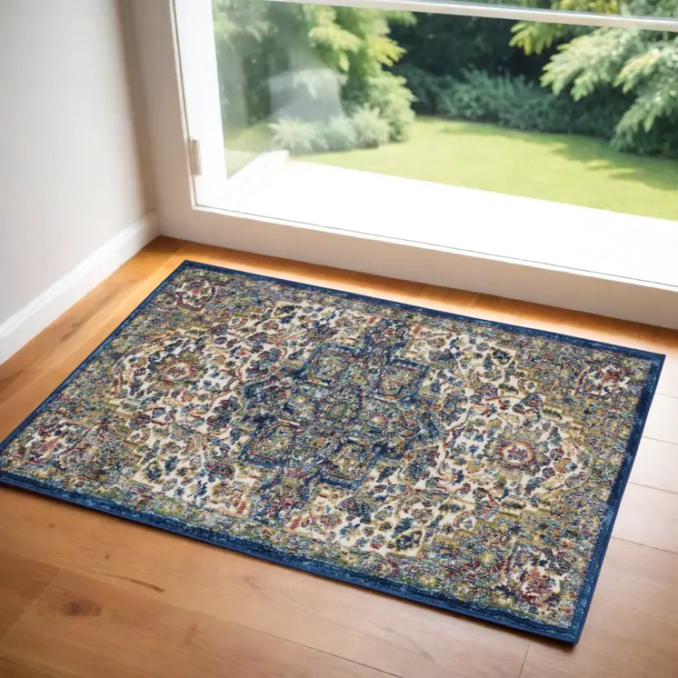 2' X 4' Ivory and Orange Floral Distressed Non Skid Area Rug