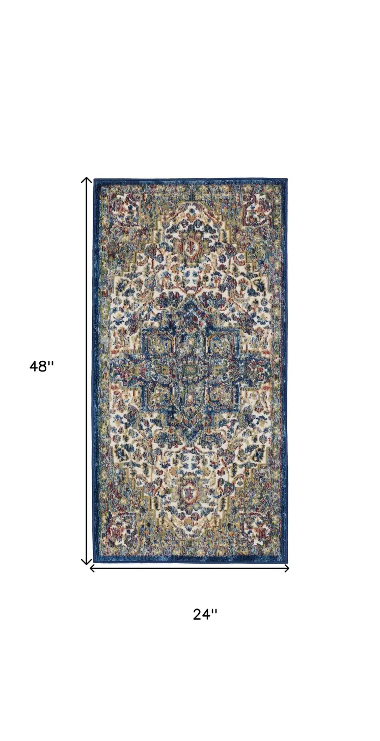 2' X 4' Ivory and Orange Floral Distressed Non Skid Area Rug