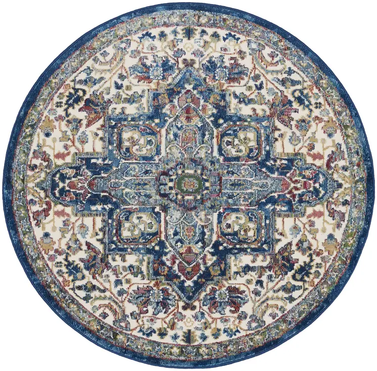 4' Ivory and Orange Floral Medallion Distressed Non Skid Round Rug