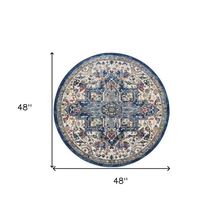 4' Ivory and Orange Floral Medallion Distressed Non Skid Round Rug