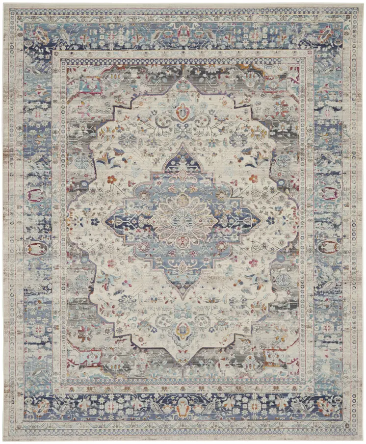8' X 10' Ivory Blue And Orange Floral Medallion Distressed Non Skid Area Rug
