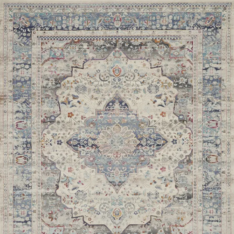 8' X 10' Ivory Blue And Orange Floral Medallion Distressed Non Skid Area Rug