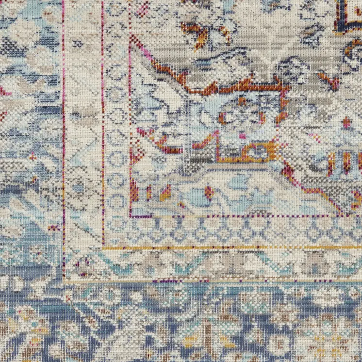 8' X 10' Ivory Blue And Orange Floral Medallion Distressed Non Skid Area Rug