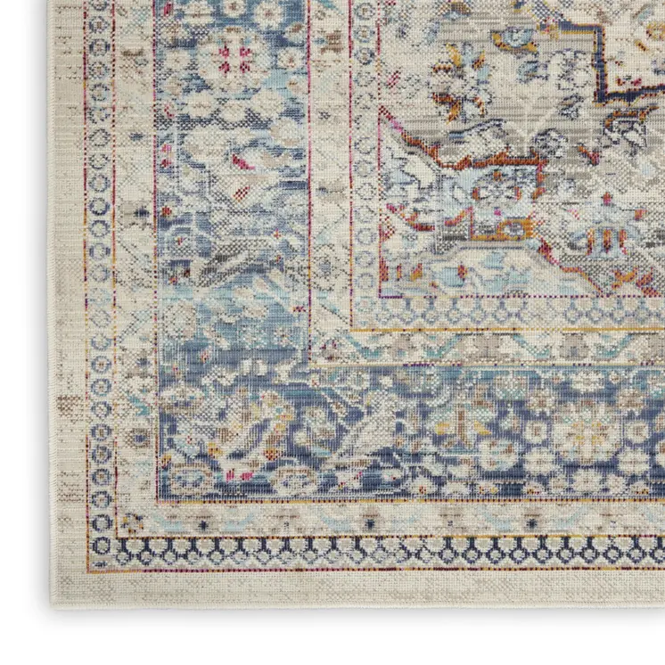 8' X 10' Ivory Blue And Orange Floral Medallion Distressed Non Skid Area Rug