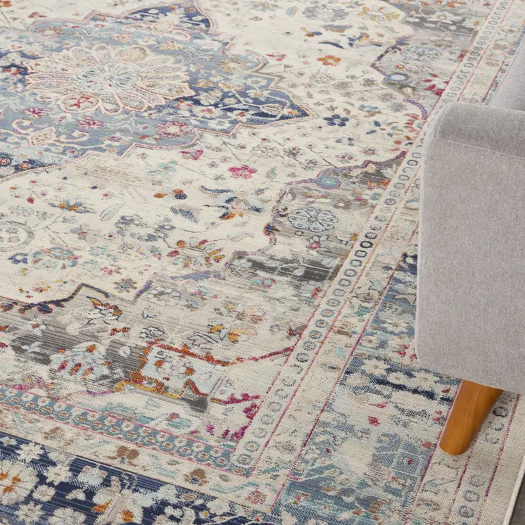 8' X 10' Ivory Blue And Orange Floral Medallion Distressed Non Skid Area Rug