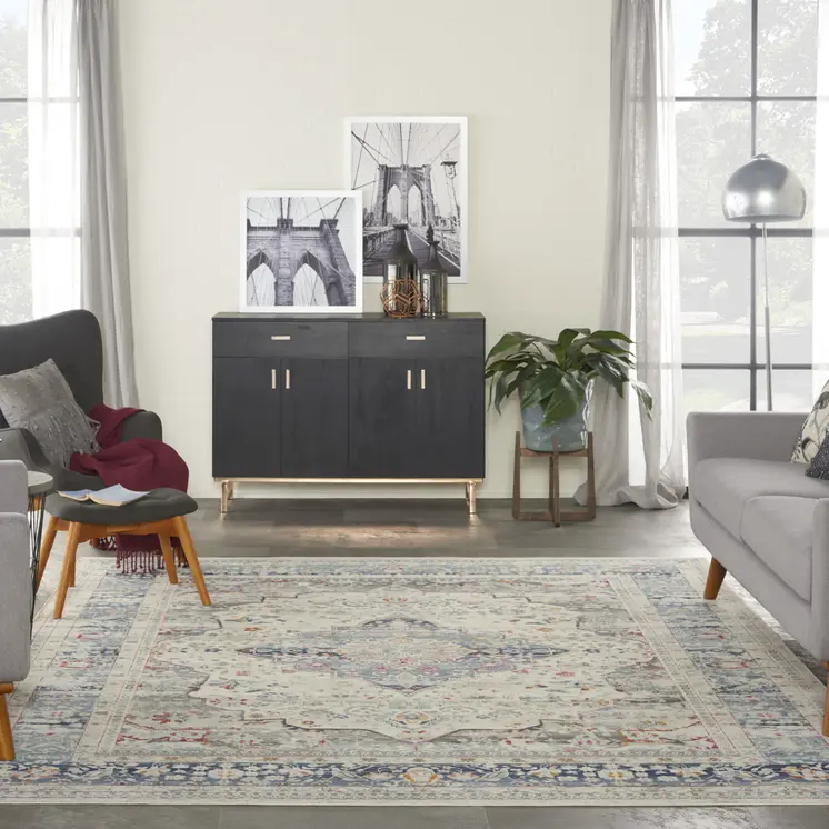 8' X 10' Ivory Blue And Orange Floral Medallion Distressed Non Skid Area Rug