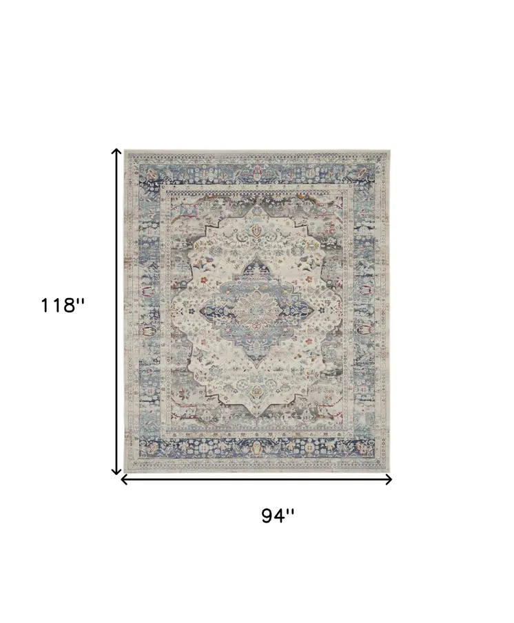 8' X 10' Ivory Blue And Orange Floral Medallion Distressed Non Skid Area Rug