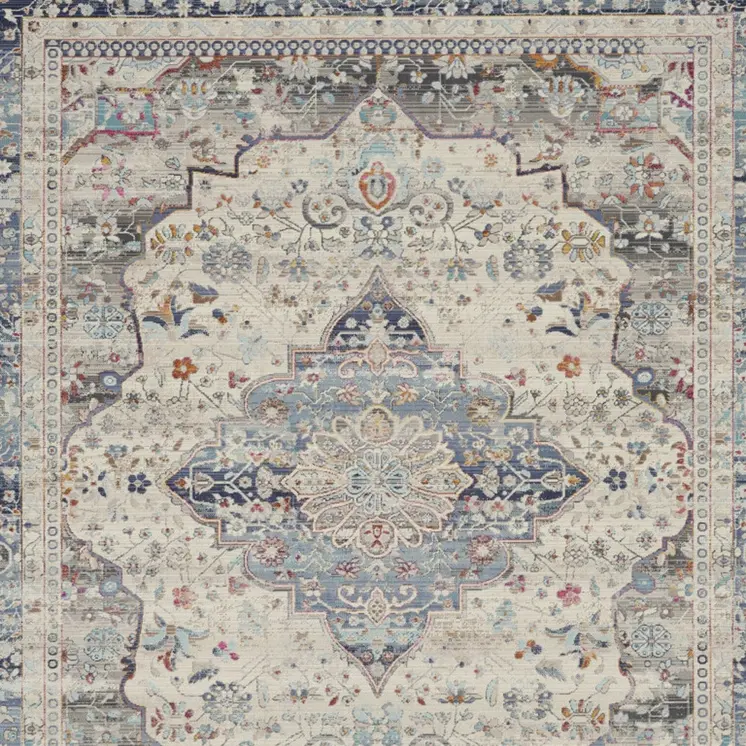 8' X 10' Ivory Blue And Orange Floral Medallion Distressed Non Skid Area Rug
