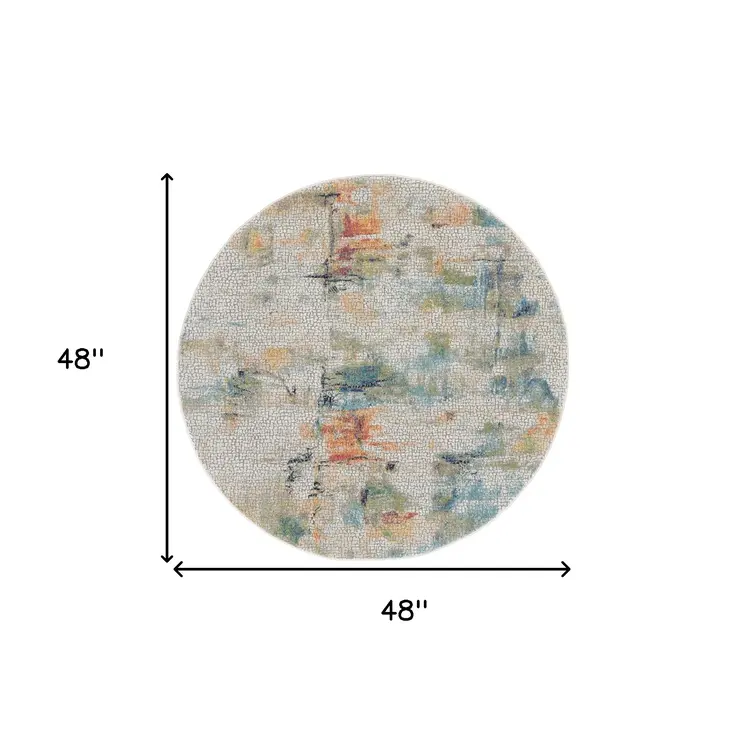 4' Ivory Blue and Orange Abstract Distressed Non Skid Round Rug