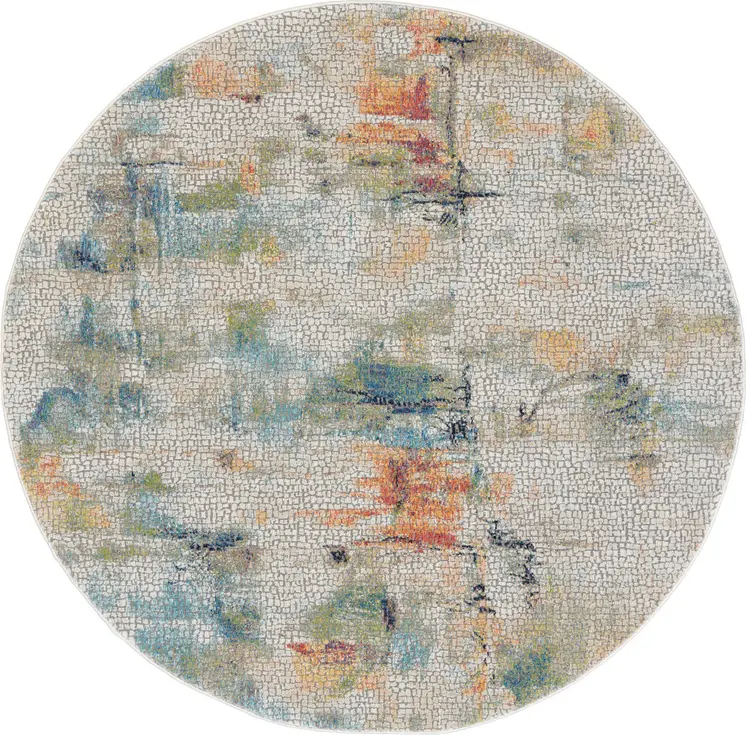 4' Ivory Blue and Orange Abstract Distressed Non Skid Round Rug