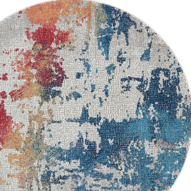 4' Ivory Red and Blue Abstract Distressed Non Skid Round Rug