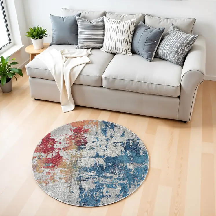 4' Ivory Red and Blue Abstract Distressed Non Skid Round Rug
