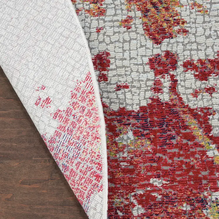 4' Ivory Red and Blue Abstract Distressed Non Skid Round Rug