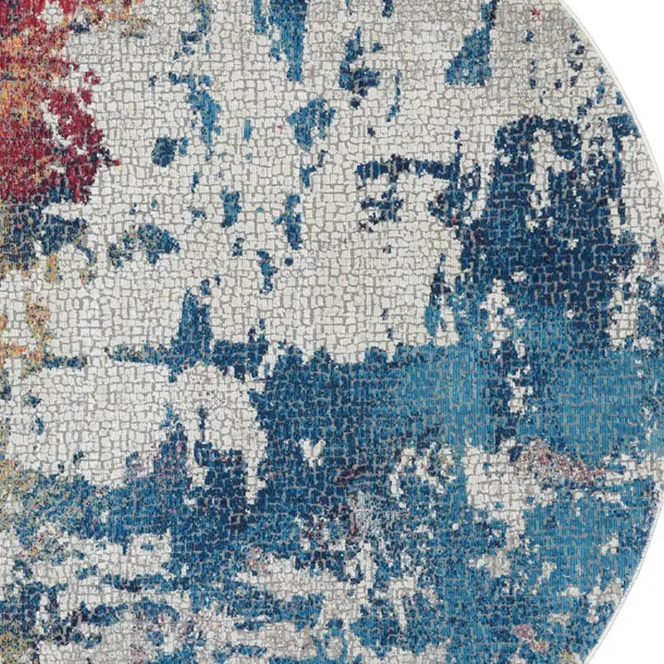 4' Ivory Red and Blue Abstract Distressed Non Skid Round Rug