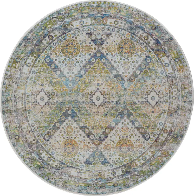 4' Ivory Blue and Green Floral Medallion Distressed Non Skid Round Rug