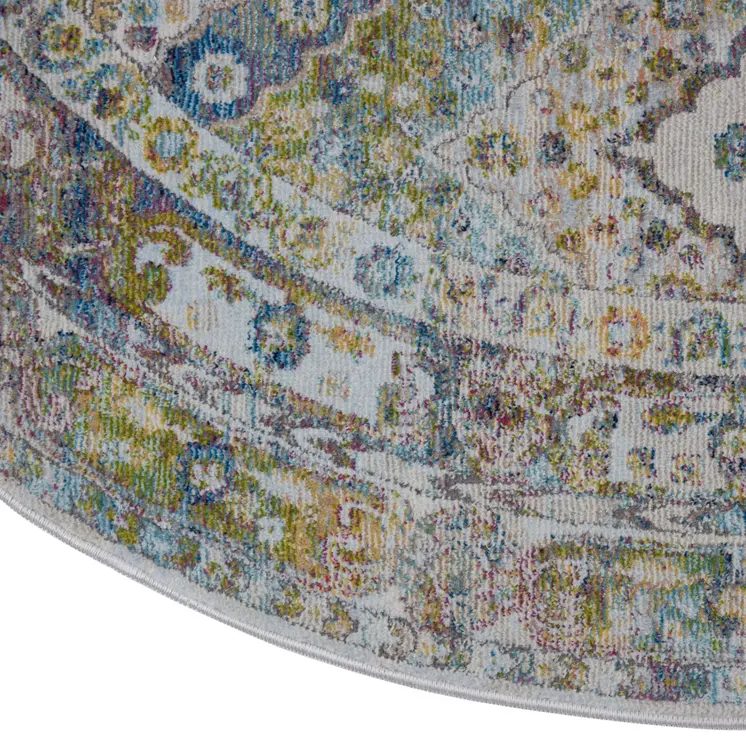4' Ivory Blue and Green Floral Medallion Distressed Non Skid Round Rug