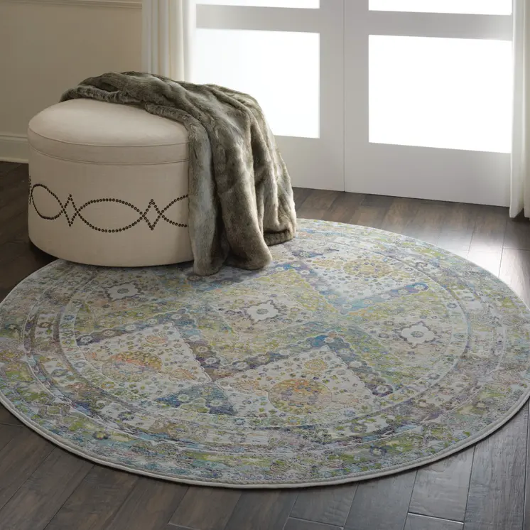 4' Ivory Blue and Green Floral Medallion Distressed Non Skid Round Rug